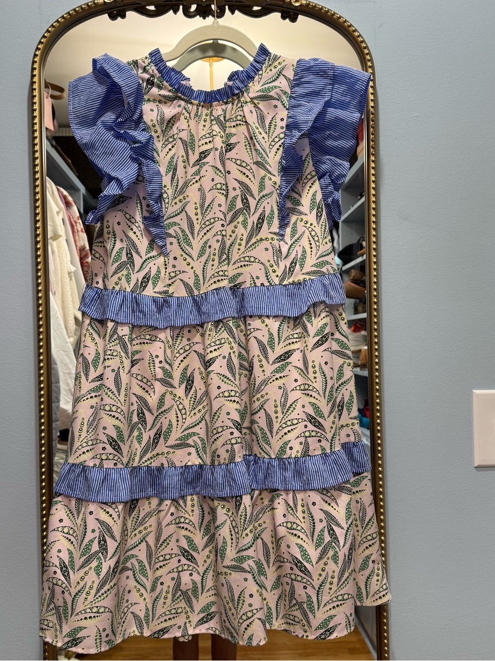 THML Pink Floral Tiered Dress with Blue Striped Ruffles